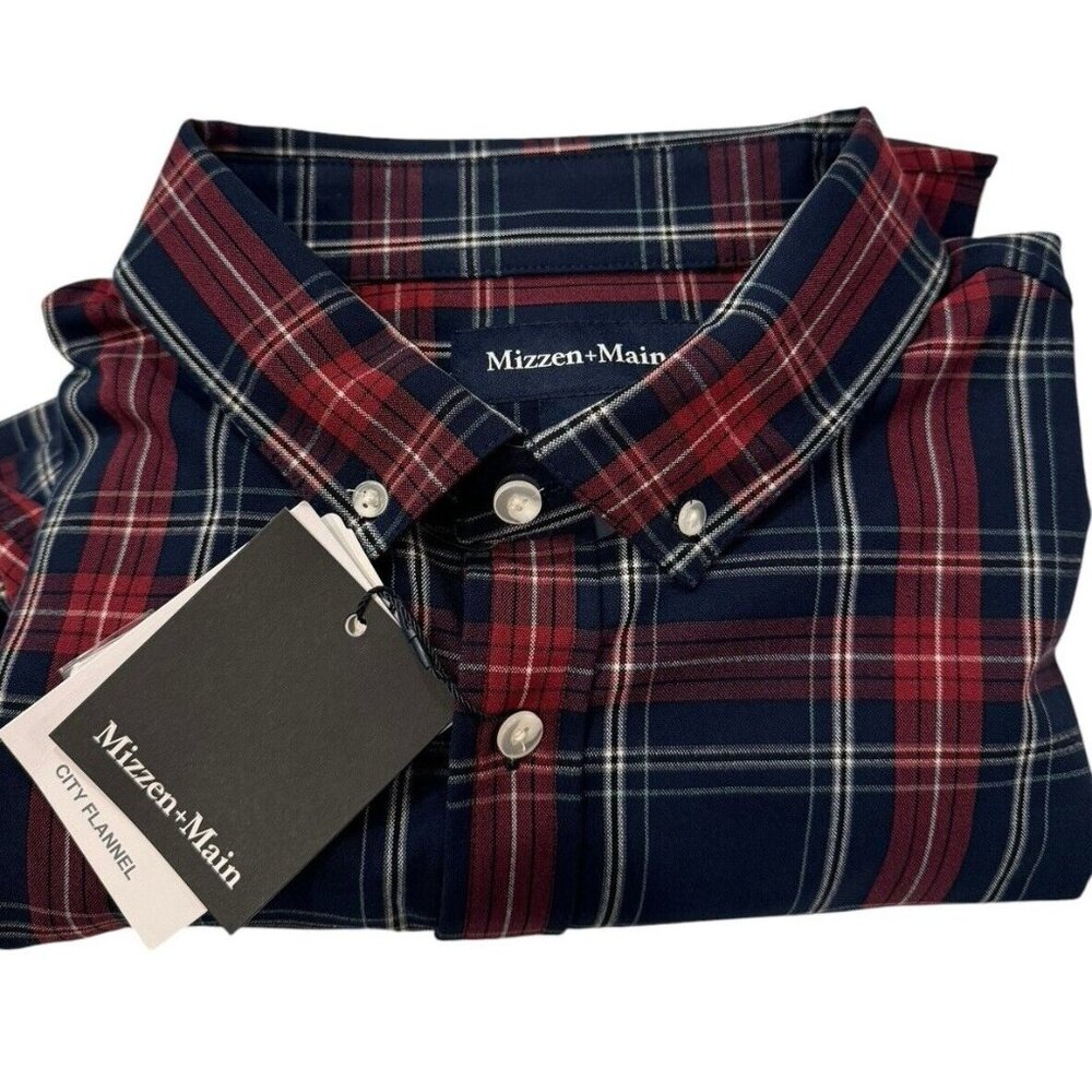 Men’s Mizzen+Main XXL Trim City Flannel Button Up Shirt Navy Blue / Red $148